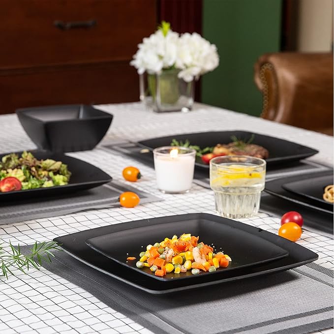Melamine 12pcs Classic Square Dinnerware Set Concise Plates and Bowls Set Service for 4 Dishwasher Safe Black
