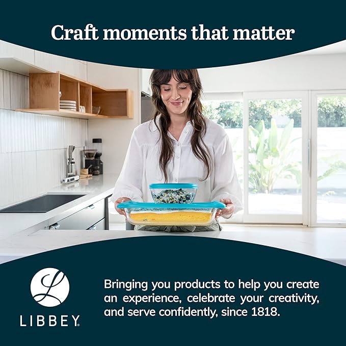 Libbey Baker’s Premium 4 Piece Glass Baking Dish Set Multipurpose Space Saving Casserole Dish with Lid Set Baking Glassware for Potlucks Leftovers