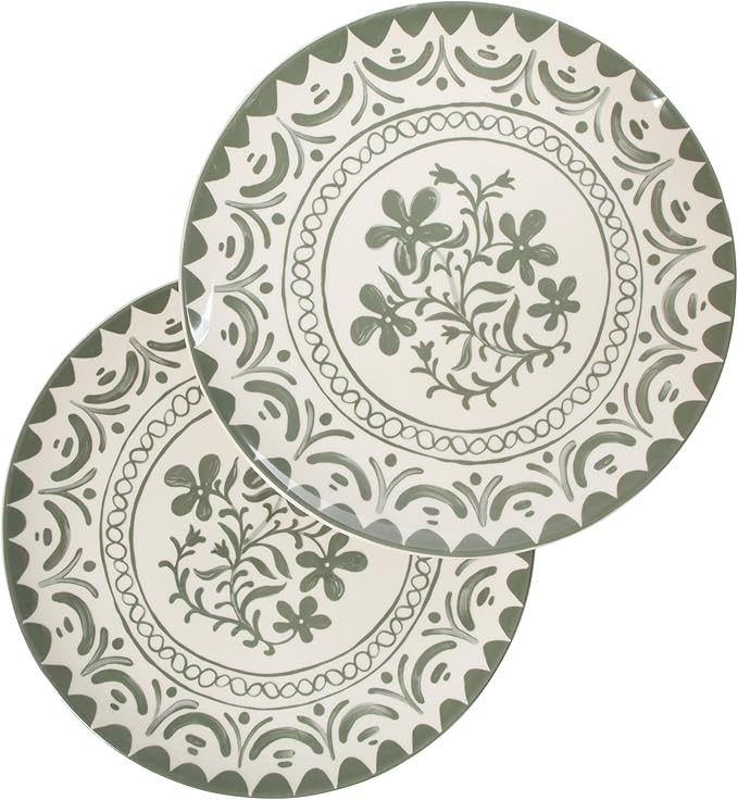Bloomhouse - 2-Time Oprah’s Favorite Things - Valencia Flor 2 Piece 13” Serving Platter Set Stoneware Platters Mediterranean Floral Decal Design Microwave &amp Dishwasher Safe Fern Green