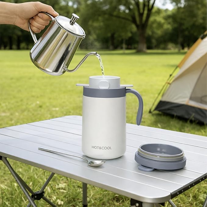 Pour Over Coffee Maker Set 16oz Stainless Steel Insulated Mug Foldable Filter for Camping Travel Office (White)