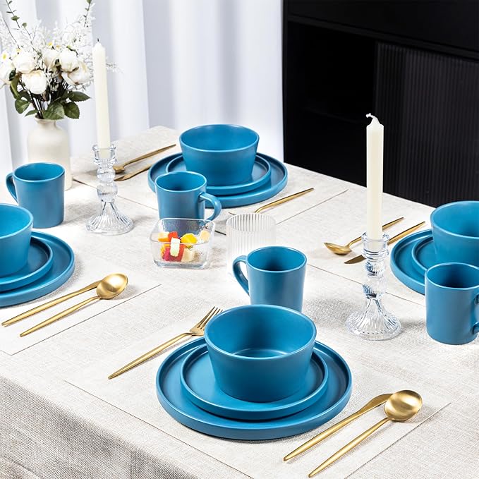 Plates and Bowls Sets for 4 - CJDC-QUELO 16 Piece Stoneware Dinnerware Sets with Mugs Ceramic Dishware Sets for Kitchen Dining Use Chip and Scratch Resistant Microwave Dishwasher Safe Blue