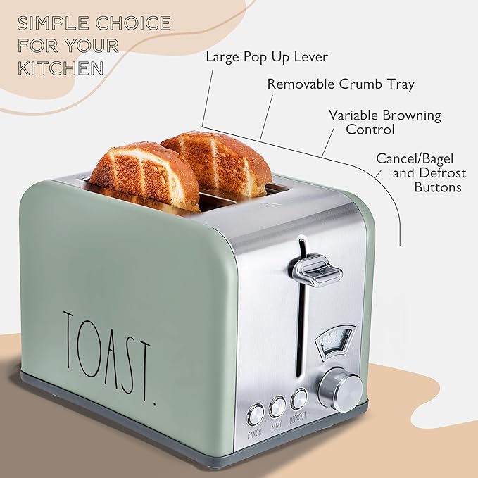 Rae Dunn Toaster Stainless Steel 2 Slice Square Toaster Wide Slot with 5 Browning Levels with Bagel Defrost and Cancel Options (Sage)
