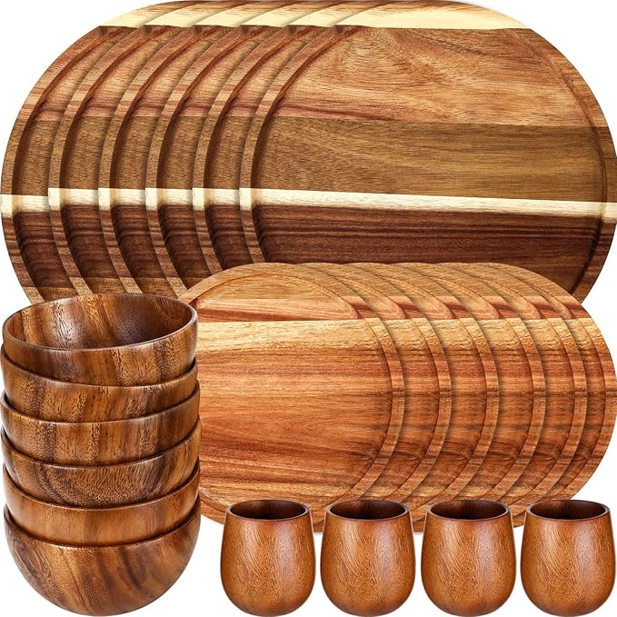Maxdot 24 Pcs Acacia Wood Dinnerware Set Round Wooden Plates Solid Wooden Bowls and Tea Cups Acacia Wood Tableware Supplies Lightweight for Dishes Snack Dessert Set for 4