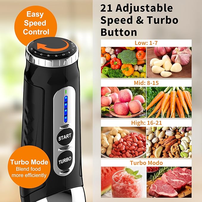 Immersion Blender Handheld 3-Angle Adjustable with 21-Speed Electric Hand Emulsion Stick Blender with Stainless Steel Blade for Milkshakes Puree Soup Baby Food Smoothies