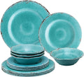 UPware 12 Piece Crackle Melamine Dinnerware Sets Outdoor Dishes Set Plates and Bowls Sets Service for 4 Turquoise