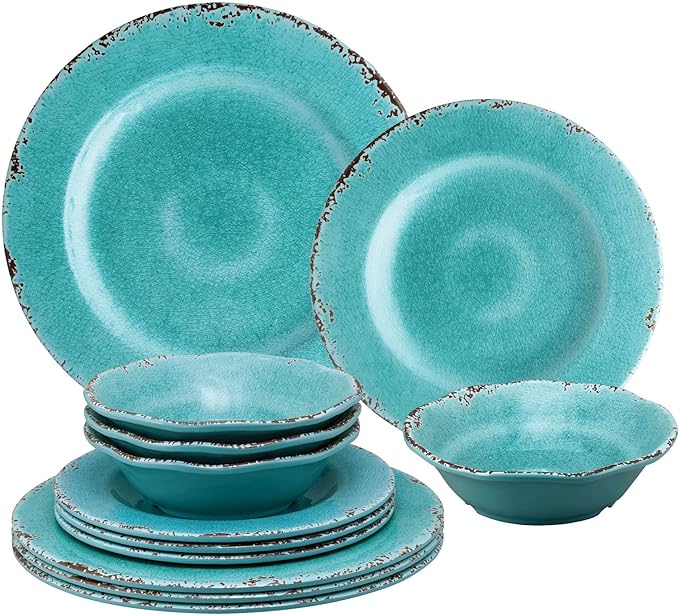 UPware 12 Piece Crackle Melamine Dinnerware Sets Outdoor Dishes Set Plates and Bowls Sets Service for 4 Turquoise