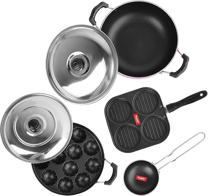 Sumeet 2.6mm Thick Non-Stick Rua Cookware set (Mini Multi Snack Maker – 19.5cm Dia + Kadhai With Lid – 1.5Ltr + Grill Appam Patra With Lid – 23cm Dia + Grill Pan – 1.1Ltr Capacity – 22cm Dia)