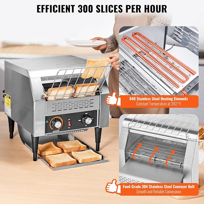 Happybuy 300 Slices/Hour Commercial Conveyor Toaster Heavy-Duty Stainless Steel Electric Toaster Oven for Restaurant Toast Bagel Bun Bread