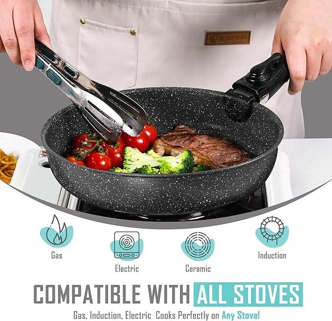 15-Piece Premium Nonstick Cookware Set – Marble Coated Pots &amp Pans (Interior &amp Exterior) Removable Handle Space-Saving for RVs &amp Small Kitchens Induction &amp Oven Safe PFOA-Free
