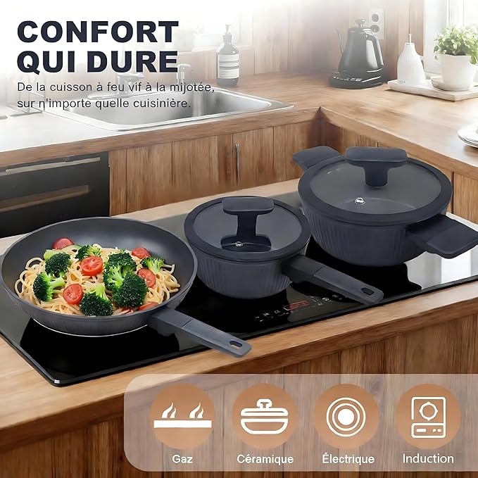 Nonstick Cookware Set Non Toxic 3-Piece Pots and Pans Set PFOA/PTFE Free Induction Ready &amp Dishwasher Safe Ceramic Coating for Easy Release