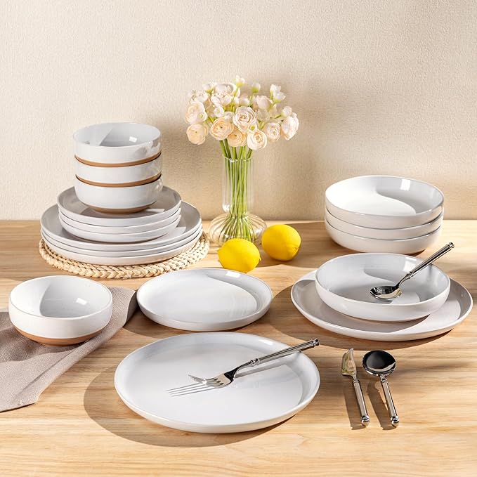 AmorArc Ceramic Dinnerware Sets for 4 12 Pieces Handpainted Plates and Bowls Set with Rustic Terracotta Underside Scratch Resistant Stoneware Dishes Set Dishwasher &amp Microwave Safe White