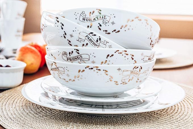Harry Potter Marauders Map 16-Piece Ceramic Dinnerware Set | Hogwarts-Themed Dish Set | Includes Dinner Plates Salad Plates Bowls Mugs | Place Setting For 4 White