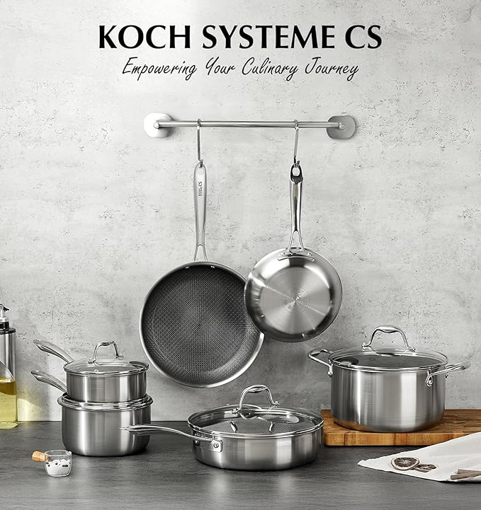 KOCH SYSTEME CS Triply Stainless Steel Cookware Set 10 Piece &amp Saute Pan 12 Inch Kitchen Cookware Set with Honeycomb Interior 18/10 Steel Induction Compatible