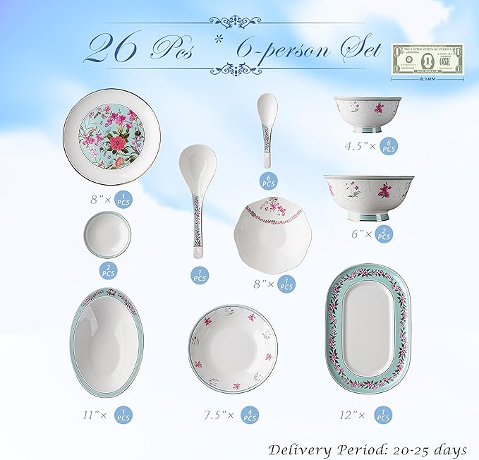 Fine Bone China Dinnerware SetPorcelain&ampCeramic Dinnerware SetsBone Stoneware &amp Ceramic Cookware Tableware Set Includes Dinner Plates|Spoons|Pasta Bowls|Soup Pot|Chopsticks (26PCS * 6-Person