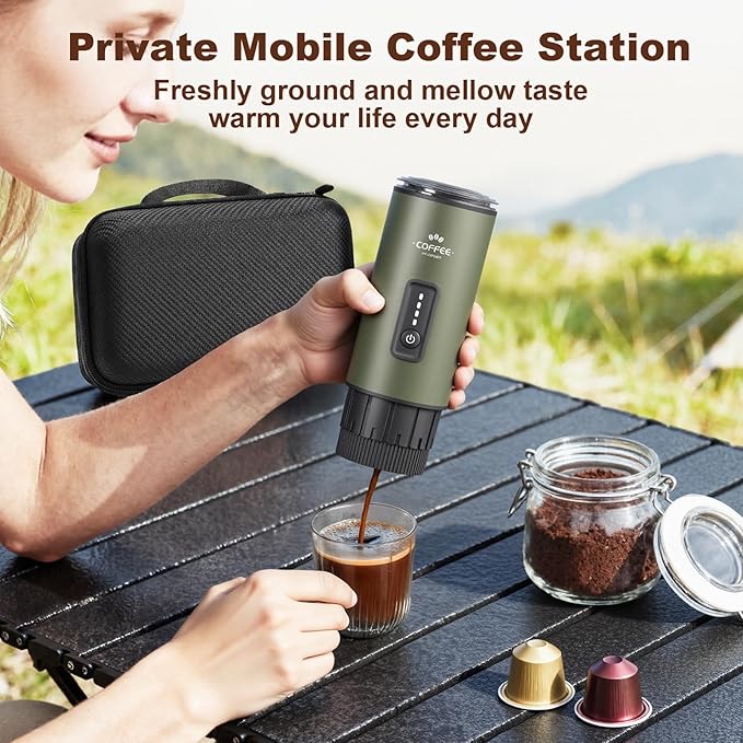 Portable Espresso Maker 3 in 1 Coffee Maker Set with Carrying Bag and Coffee Stand Coffee Machine Works with Ground Coffee &amp Capsule Pod Self-Heating Brewer with USB-C for Travel Hiking Offic
