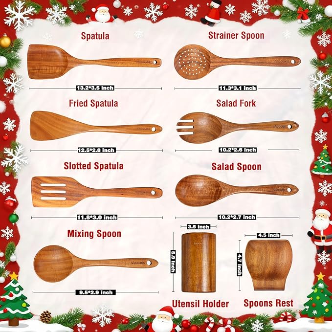 Wooden Spoons for Cooking Wooden Utensils for Cooking Natural Teak Wooden Kitchen Utensils Set Comfort Grip(9 PCS Xmas Gift)