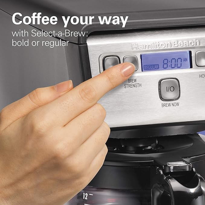 Hamiton Beach 12 Cup Compact Programmable Drip Coffee Maker with No-Drip Burosilicate Glass Carafe 2-Hour Auto Shutoff Space-Saving Design Black with Stainless Steel Accents (46200)