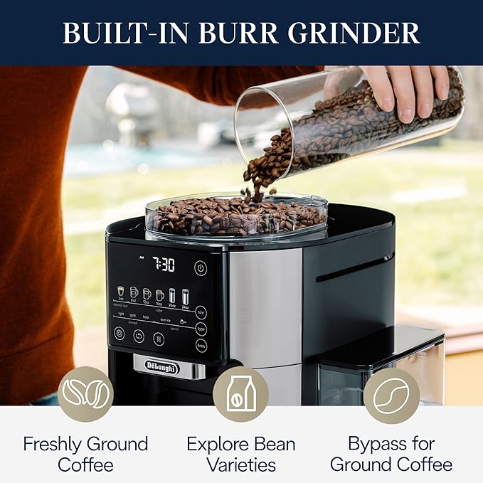 De'Longhi True Brew Drip Coffee Maker Built in Grinder Single Serve 8 oz to 24 oz Hot or Iced Coffee Stainless CAM51025MB