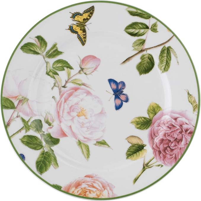 Portmeirion Home Roses 16 Piece Set - Delicate Pink Rose &amp Butterfly Pattern Dishwasher Safe Porcelain Dinnerware for Garden Parties Bridal Showers Tea Time &amp Family Gatherings - 10.5 Plat