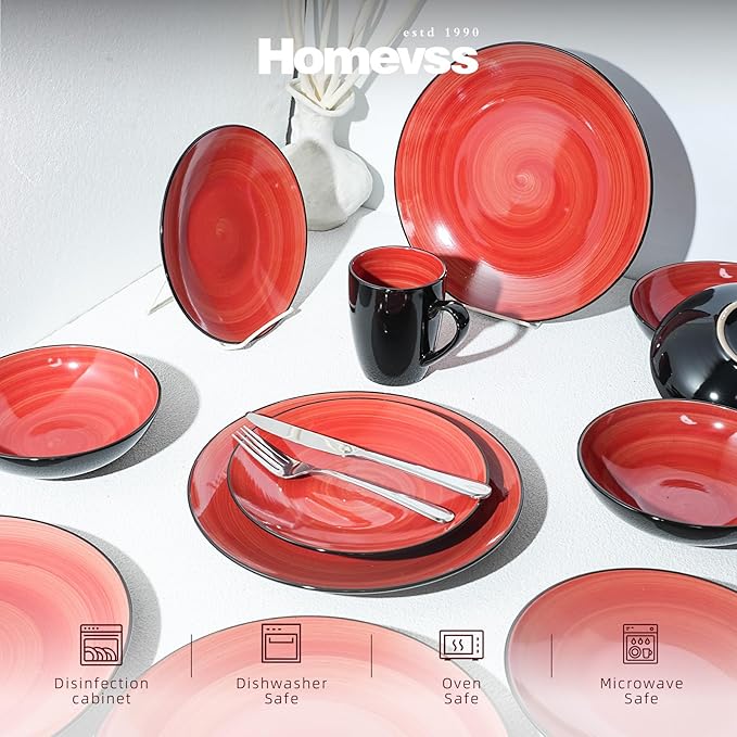 Sonoma 16 Piece Stoneware Dinner Set Red Outside Black + Inside Handpainted Color Red with speckle