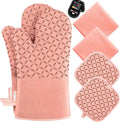 KEGOUU Oven Mitts and Pot Holders 6pcs Set Kitchen Oven Glove High Heat Resistant 500 Degree Extra Long Oven Mitts and Potholder with Non-Slip Silicone Surface for Cooking (Pink)