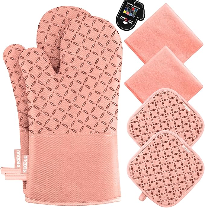 KEGOUU Oven Mitts and Pot Holders 6pcs Set Kitchen Oven Glove High Heat Resistant 500 Degree Extra Long Oven Mitts and Potholder with Non-Slip Silicone Surface for Cooking (Pink)
