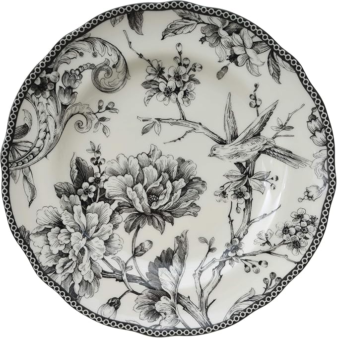 222 Fifth Adelaide 16-Piece Black Porcelain Dinnerware Set – Service for 4 Featuring Hand-Applied Romantic Woodland Bird Design Everyday Big Dinner Plates and Bowls Sets Microwave &amp Dishwasher