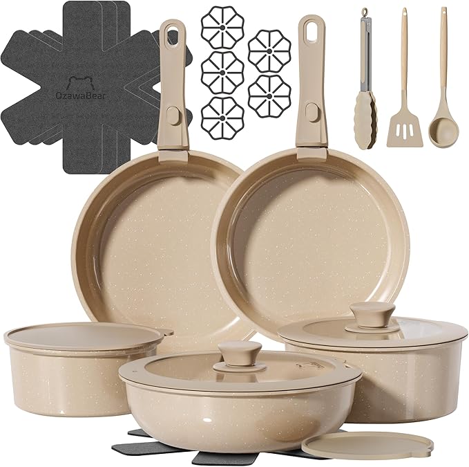 23 Pcs Pots and Pans Set Non Stick Ceramic Cookware Set Non Toxic with Detachable Handles Healthy Induction Cookware Oven Safe RV Kitchen Set PFAS PFOA &amp PTFE Free Taupe