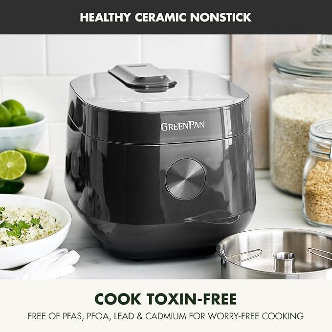 GreenPan Carb Reducing Electric Rice Cooker 4 Cups Uncooked/8 Cooked Rice 10 Presets LED Display Healthier Meals Delay Timer PFAS-Free Ceramic Nonstick Removable Bowl Cool Touch Steam Graphit