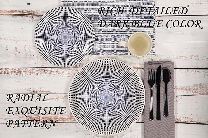 TUDOR ROYAL Porcelain 16-Piece Round Dinnerware Set Service for 4 Singapore Blue Design Blue Radial Plates Bowls Mugs Dishes Premium Quality Ceramic Tableware Unique Pattern Glossy