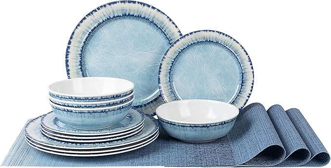 AELS Melamine Dinnerware Set of 12 Pcs Dinner Dishes Set with 4 Placemats for Indoor and Outdoor Use Dishwasher Safe Lightweight Unbreakable BPA Free Light Blue