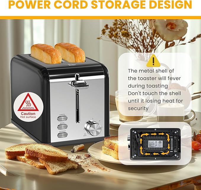 Simple Deluxe 2-Slice Toaster 6 Browning Setting and 3 Function Stainless Steel Toaster Extra Wide Slot &amp Removable Crumb Tray for Bread &amp Waffle Black