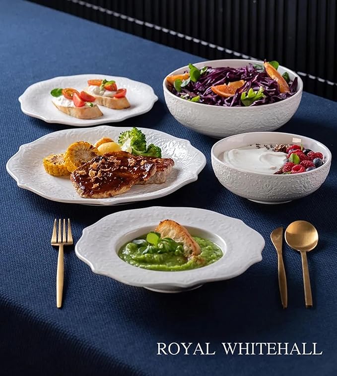 Tudor Royal 20-Piece Porcelain Round Dinnerware Set White Color Service for 6 People Whitehall Design Plates Bowls Dishes Unique Decorated with Embossed Designed and Scalloped Edges Pattern.