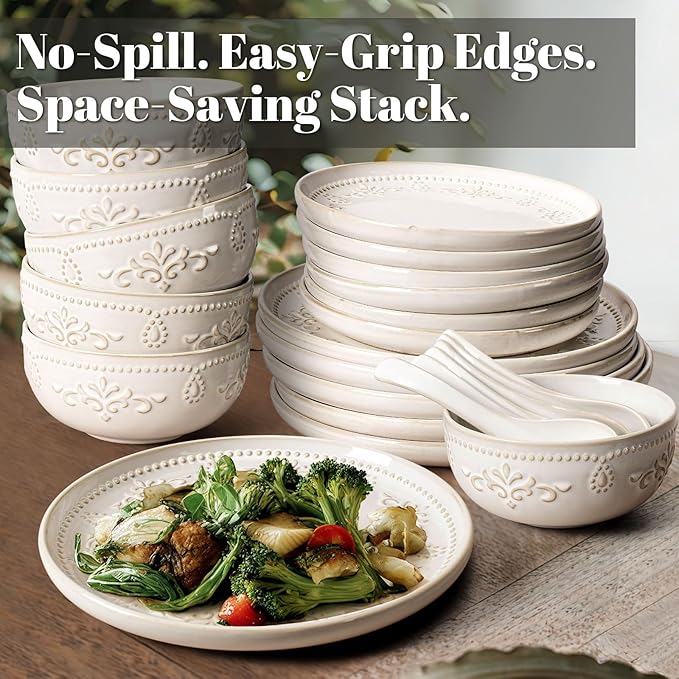 Artena Plates And Bowls Sets 24 Pieces Dinnerware Sets Dish Set For 6 Ceramic Kitchen Bowl And Plate Set Embossed White Dishware Sets Dishwasher &amp Microwave Safe (Damask Floral)