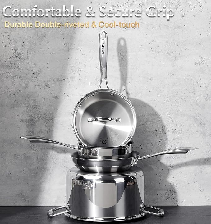 KOCH SYSTEME CS Tri-Ply Stainless Steel Cookware Set 10 Piece Professional 18/10 Stianless Steel Pots and Pans Set Oven &amp Induction Safe Non-Toxic Kitchen Cookware Set for Family Cooking 10pcs