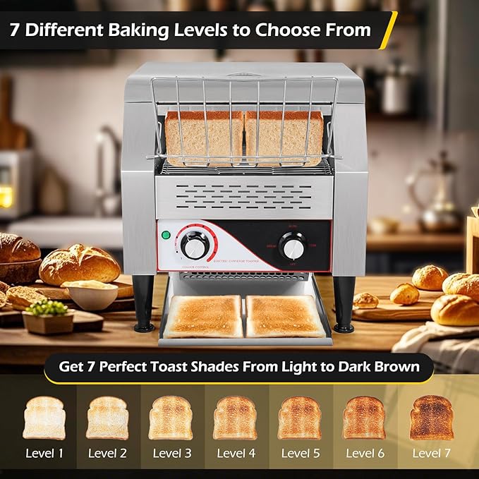 Dyna-Living Commercial Toaster 300 Slices/Hour Conveyor Toaster Commercial 1900W Heavy-duty Stainless Steel Rotating Toasters Oven for Restaurant Conveyor Belt Toasters for Bun Bagel Bread