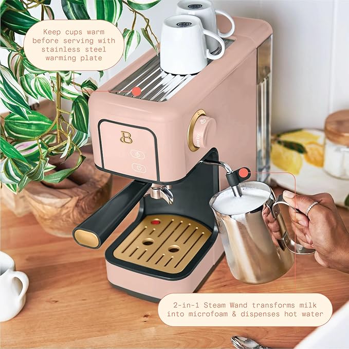 B Slim Espresso Maker by Drew Barrymoree with 20-Bar Pressure Touch-Activated Display and Steam Wand for Latte &amp Cappuccino (Rose)