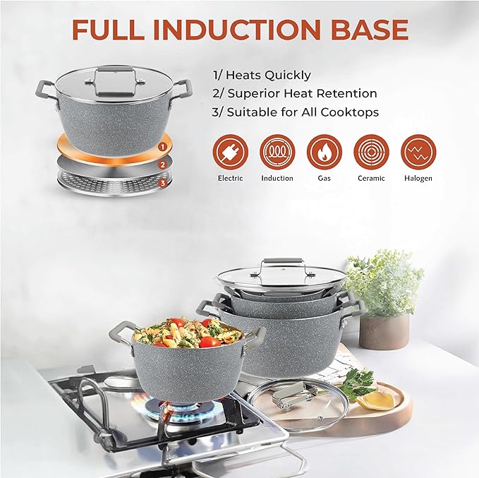 Granitestone Gray Pots and Pans Set Nonstick 6 Stackable Piece Cooking Pots Set Kitchen Pots Non Stick Coating 5qt 3qt &amp 1.5qt Pots with Lids Stay Cool Handles Dishwasher Safe 100% Toxin Free