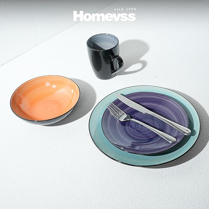 Sonoma 16 Piece Stoneware Dinner Set Samoa Outside Black + Inside Hand painted Combi Colors of Grey Orange Purple and Turquoise) with speckle