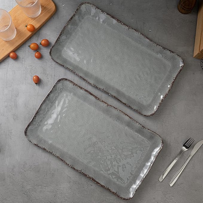 LEHAHA Melamine Crackled Rustic Serving Platter Set of 2 Farmhouse Large Rectangle Trays for Food Entertaining and Party Use 17.5x 10 Grey