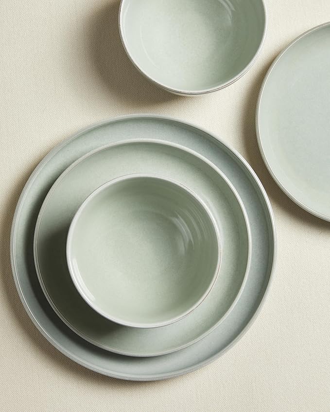 Santorini Mist Terracotta Reactive Glaze Plates and Bowls Sets Stoneware Dinnerware Sets Microwave and Dishwasher Safe Ceramic Dish Set Service for 4 Slate Green
