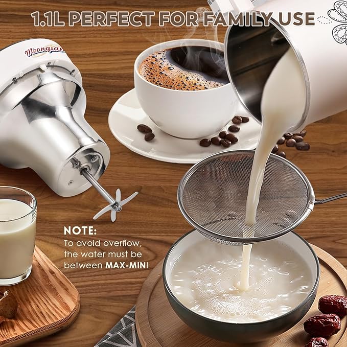 Moongiantgo Automatic Soy Milk Maker 37.2oz 1100ml 8 in 1 Nut Milk Maker with Self-Cleaning/Boil Water/Recipe Homemade Almond Milk Machine Plant Based Milk Juice Beverages Maker 110V