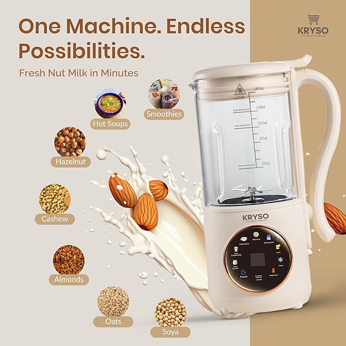 KRYSO 48OZ 8-in-1 Nut Milk Maker Machine Automatic Kitchen Appliance with Milk Frother | Almond Soy Oat &amp Plant-Based Drinks | Self-Cleaning Keep Warm Juice &amp Soup Maker