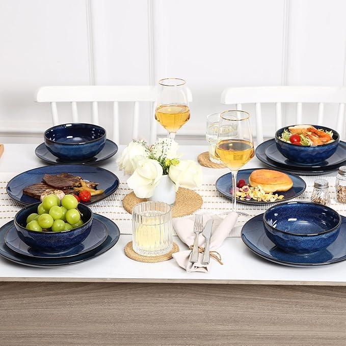 Vicrays 12-Piece Ceramic Dinnerware Set Dinner Plates Salad Plates &amp Cereal Bowls Dish Set for 4 Microwave Oven &amp Dishwasher Safe Scratch Resistant Blue