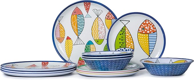 Melamine Dinnerware set for 4 Plates and Bowls Sets Great for Camper RV Indoors Outdoors Use with Ocean Printed Unbreakable