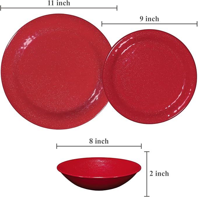 UPware 12 Piece Twinkle Dust Melamine Dinnerware Sets Outdoor Dishes Set Plates and Bowls Sets Christmas Decorations Service for 4 Red