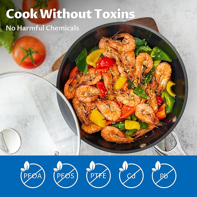BEZIA Induction Cookware Set 15-Piece Pots and Pans Set Non Stick with Ceramic Coating Induction Pots Set with Stainless Steel Handles ＆ Lids Oven Safe Compatible with All Stoves