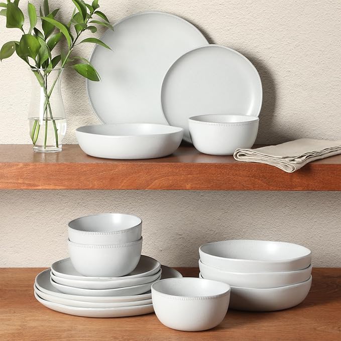 Gibson Elite Menlo Park 16-Piece Pottery Clay Stoneware Dinnerware Set – White Reactive Glaze Embossed Plates and Bowls W/Pasta Bowl Service for 4 – Microwave &amp Dishwasher Safe