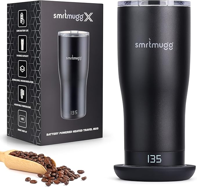 X Heated Coffee Mug 19 oz. 8 Hour Battery Life Self-Heating Adjustable Temp Controlled LCD Screen One Button Temperature Adjustment Includes Cover with Magnetic Slider (Black) (Black)