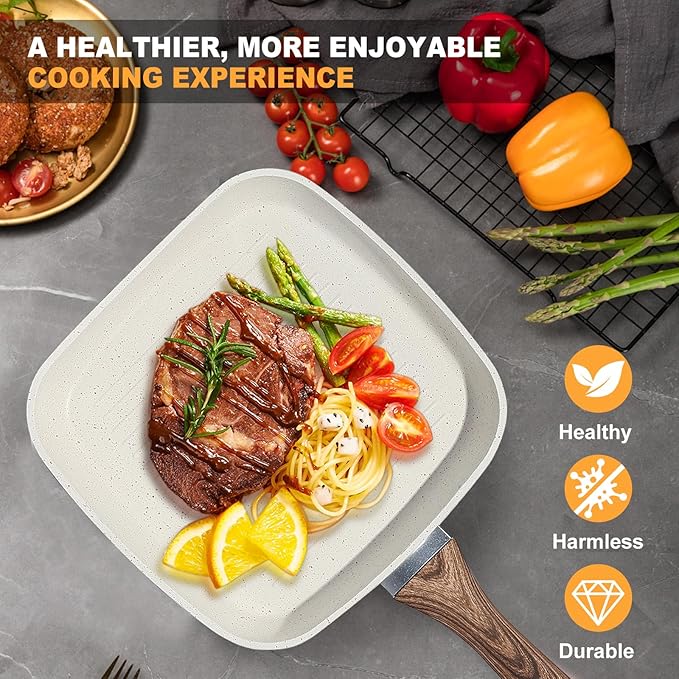 DUMOS 3 Pcs Grill Pans Set Nonstick Square Frying Pan Skillet Set with Stay Cool Handle &amp PFOA Free Compatible with All Stovetops (9.5 10 11) Light White
